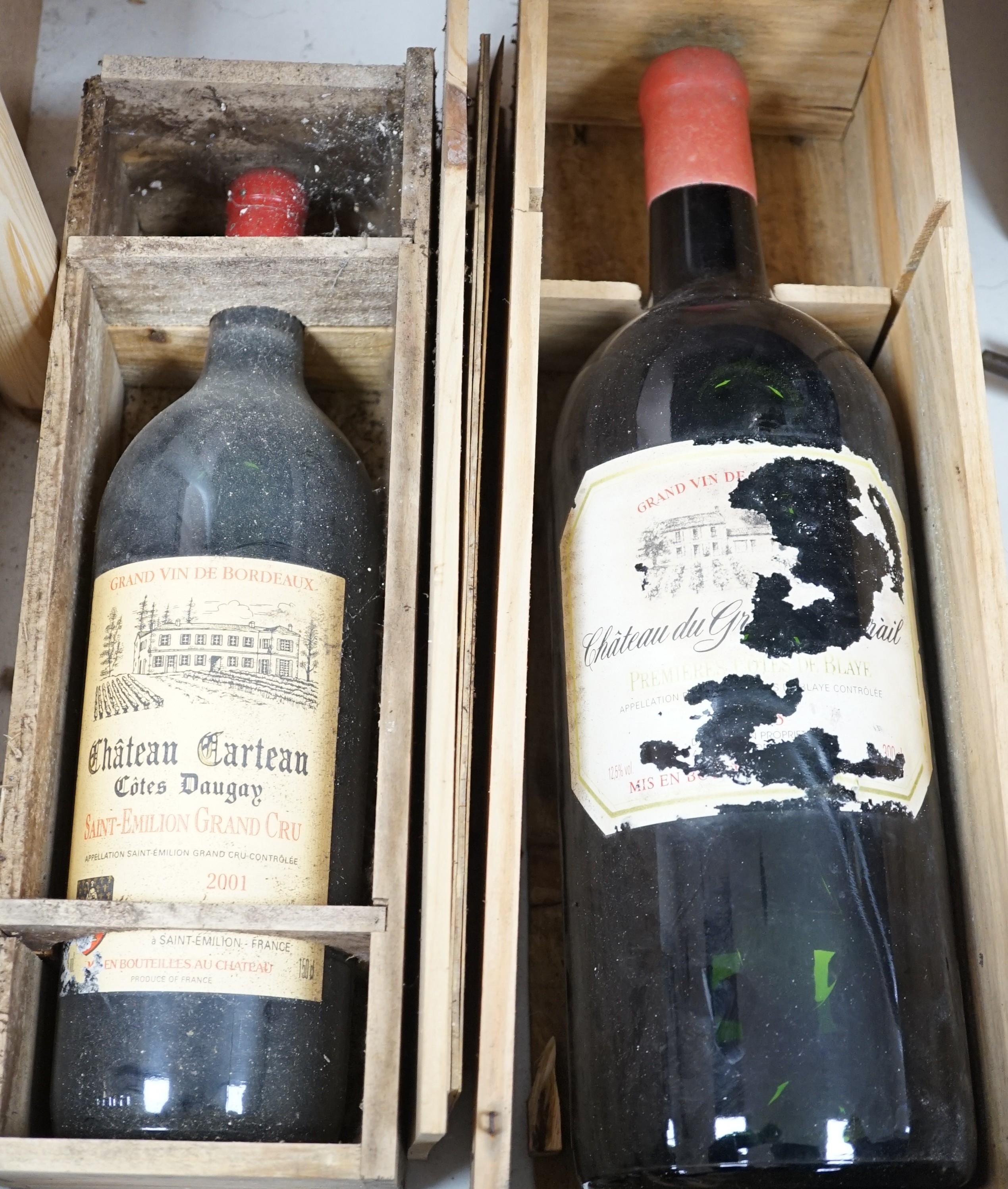 A magnum of 2001 Saint Emilion Grand Cru, Chateau Carteau and a double magnum of Premiere Cotes de Blaye (2 bottles in total)